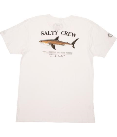 Camiseta de manga corta para hombre Salty Crew Bruce Premium White con un tiburón estampado en la espalda