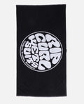 Toalla Rip Curl Logos Towel negra con logotipo blanco redondo, dimensiones 170x90 cm, 100% algodón