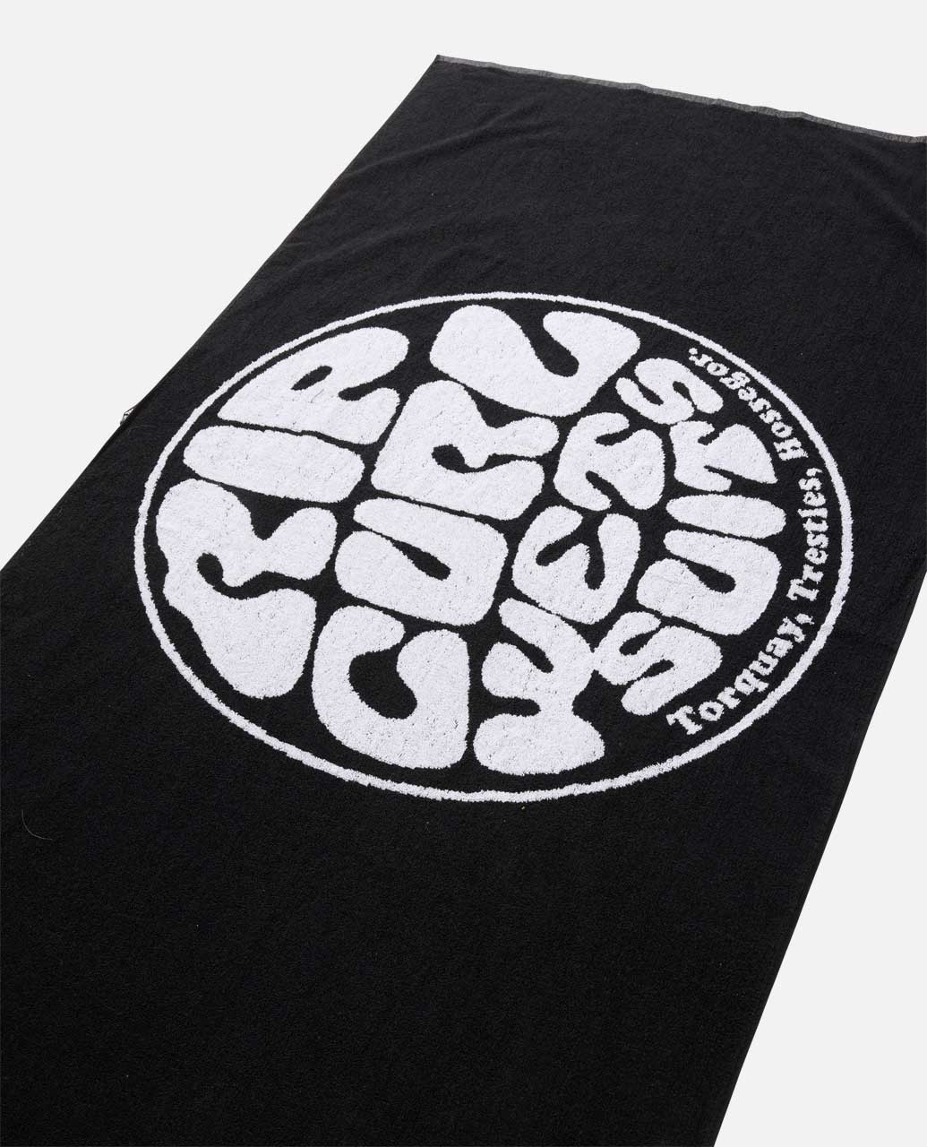 Toalla Rip Curl Logos Towel negra con logotipo blanco redondo, dimensiones 170x90 cm, 100% algodón