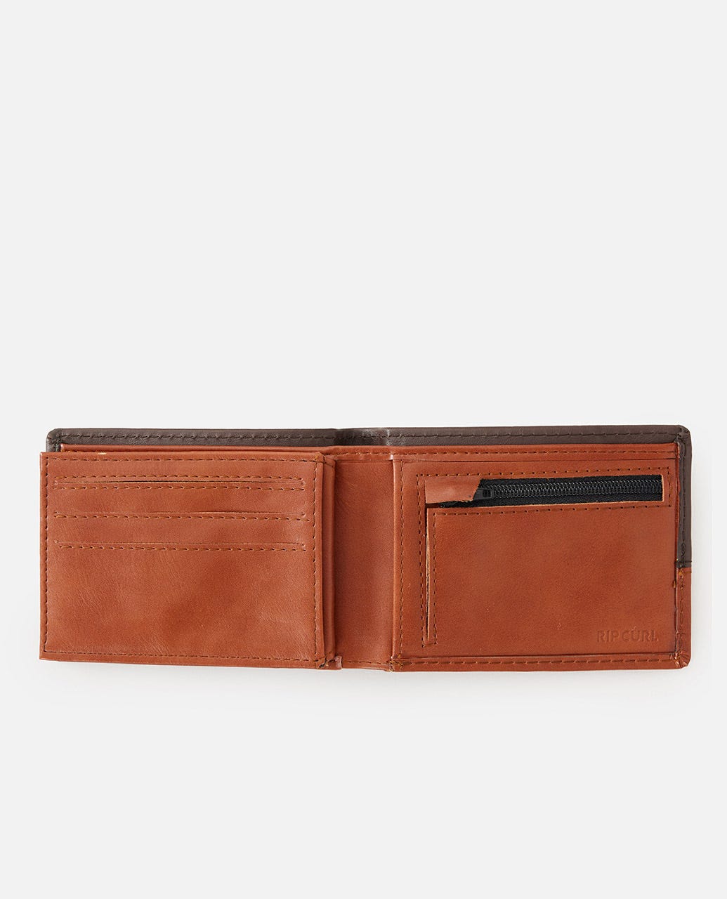 Cartera Rip Curl Corpawatu Icon PU Slim marrón y cuero abierta, compartimentos para tarjetas, billetes y monedero con cremallera