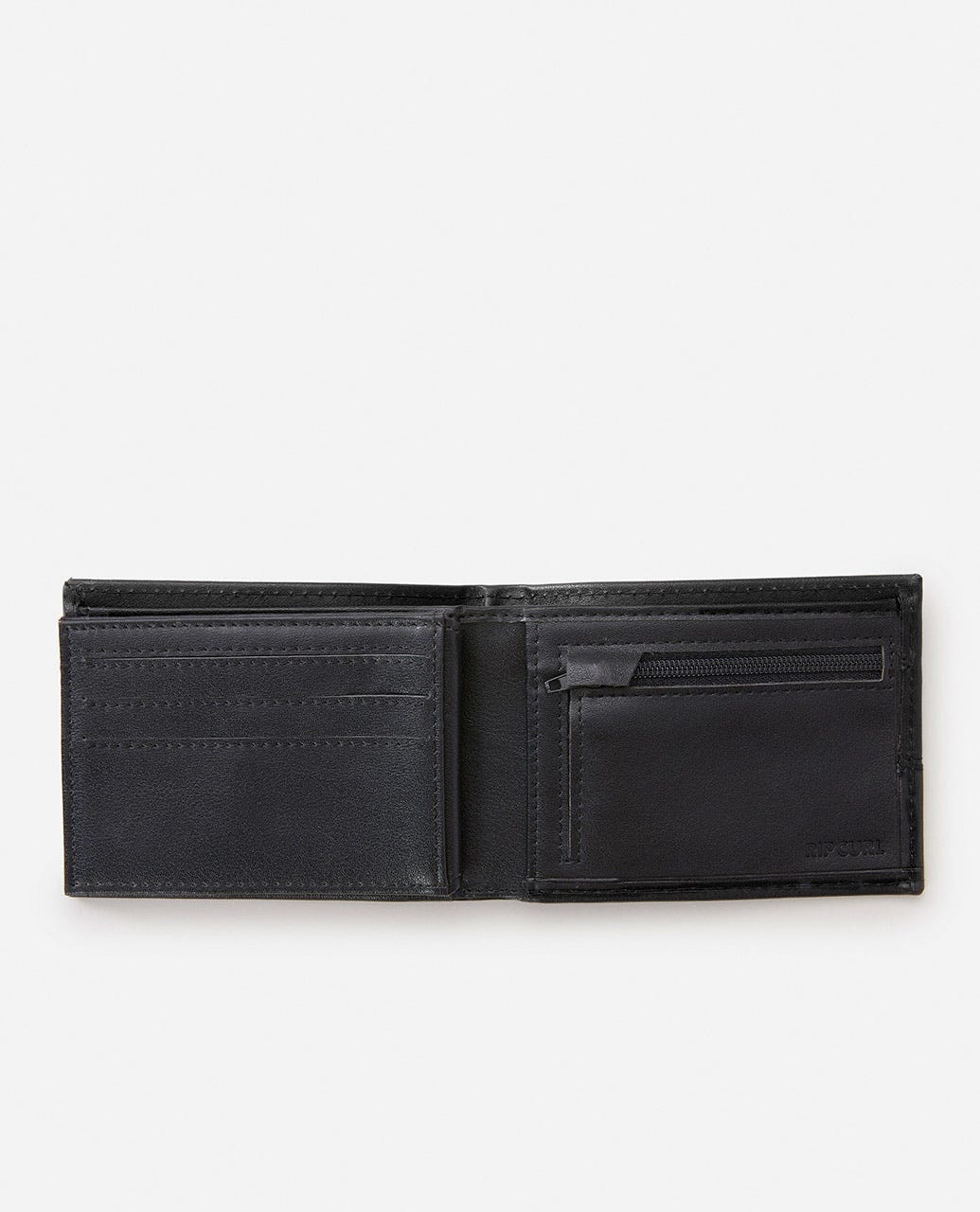 Cartera Rip Curl Corpawatu Icon PU Slim negra abierta, con ranuras para tarjetas, compartimento para billetes y monedero con cremallera