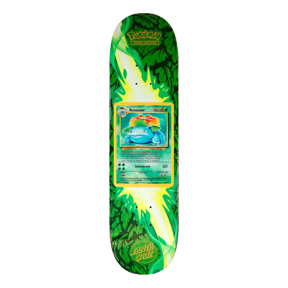 Tabla de skate Santa Cruz x Pokémon TCG 8.0" con la carta Venusaur del Base Set rodeada de hojas verdes y un estallido de energía planta amarillo verdoso, con el logotipo Santa Cruz en dorado