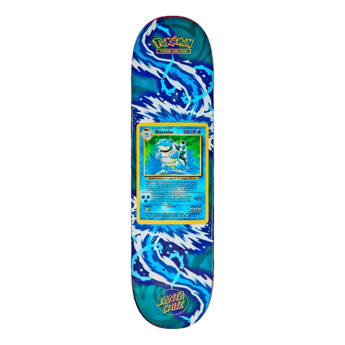 Tabla de skate Santa Cruz x Pokémon TCG 8.0" con la carta Blastoise del Base Set entre remolinos de agua azul y blanca, con el logo Pokémon TCG arriba y el logotipo Santa Cruz en la cola