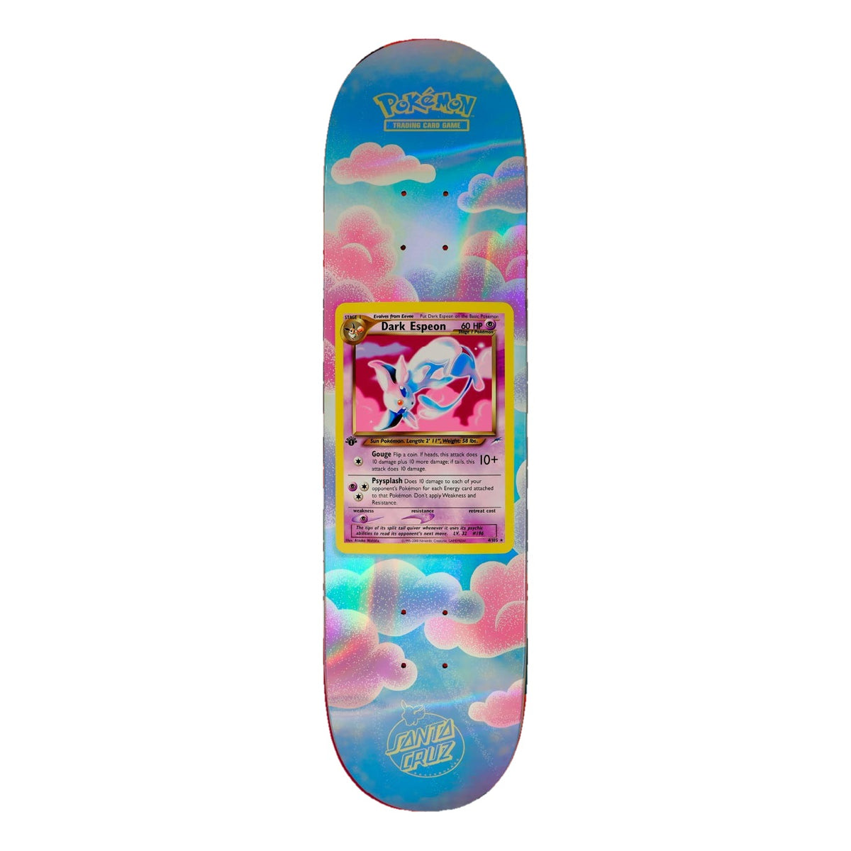 Tabla de skate Santa Cruz x Pokémon TCG 8.0" con la carta Dark Espeon de Neo Destiny sobre un cielo azul claro con nubes rosas en tonos pastel y brillo holográfico
