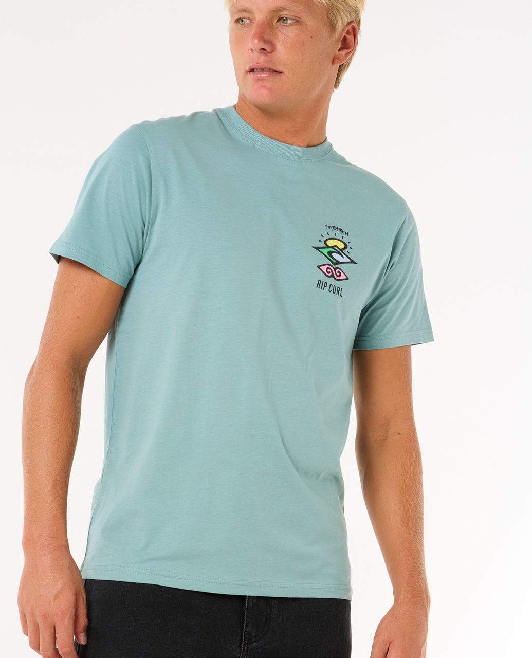 Camiseta Rip Curl Search Icon Tee verde agua – Vista trasera con gran estampado artístico y logo Rip Curl