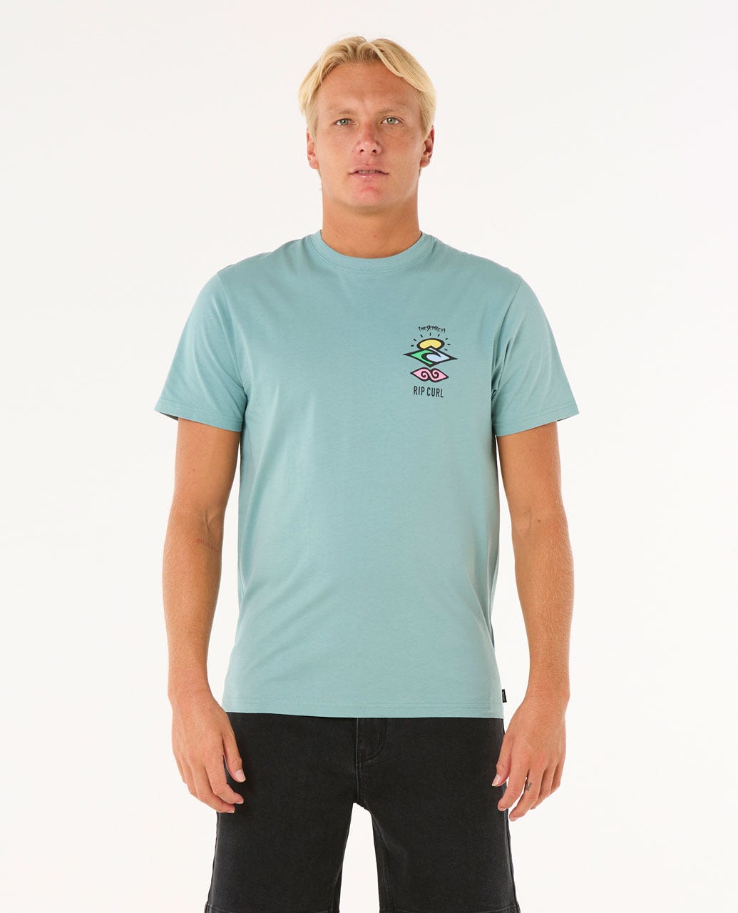 Camiseta Rip Curl Search Icon Tee verde agua – Vista frontal completa, corte estándar y diseño casual