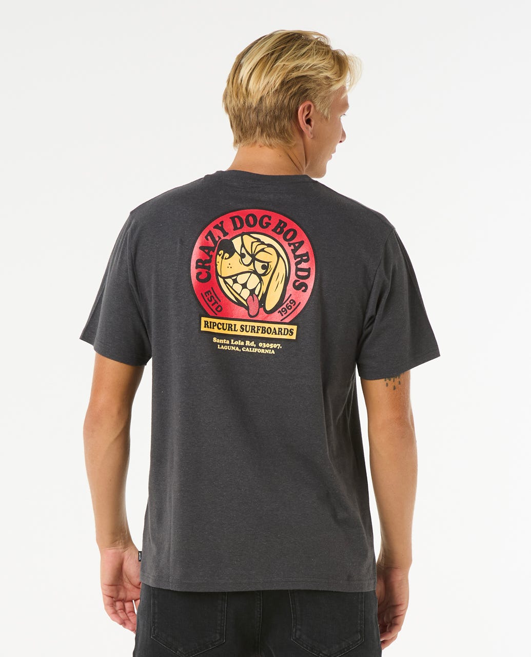 Camiseta Rip Curl Shaper Address Tee negra jaspeada, parte trasera con estampado "Crazy Dog Boards" y gráfico de perro surfero.