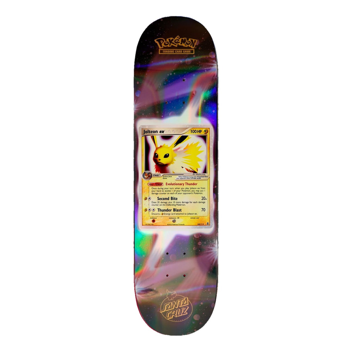 Tabla de skate Santa Cruz x Pokémon TCG 8.0" con la carta Jolteon ex rodeada de un halo de luz blanca sobre fondo negro holográfico con destellos de colores y el logo Santa Cruz dorado