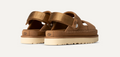 Vista trasera de las sandalias UGG Goldenstar Glide color marrón oscuro, con correa de sujeción y logotipo UGG