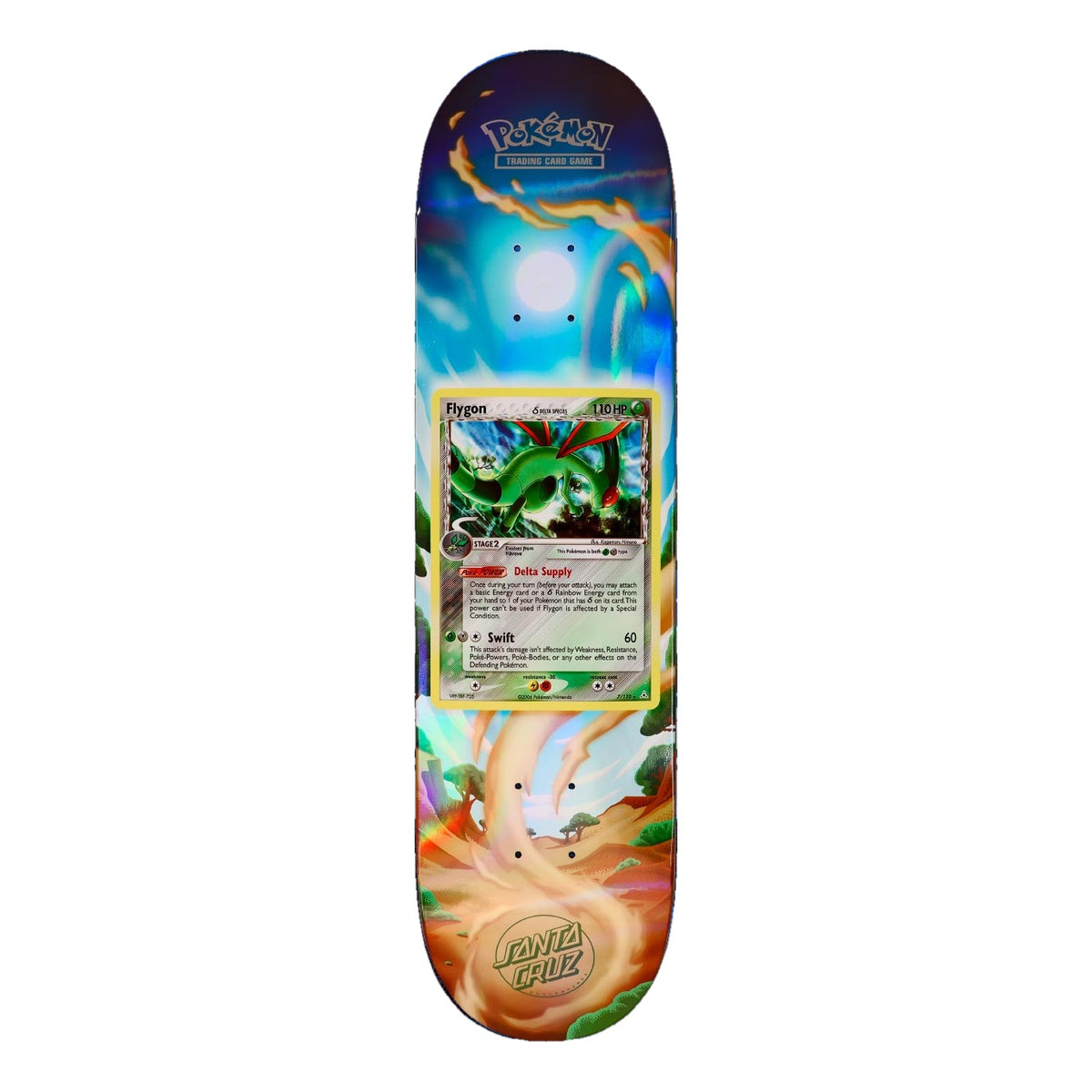 Tabla de skate Santa Cruz x Pokémon TCG 8.0" con la carta Flygon Delta Species sobre un paisaje desértico con un tornado de arena naranja, cielo azul y un sol brillante en la punta