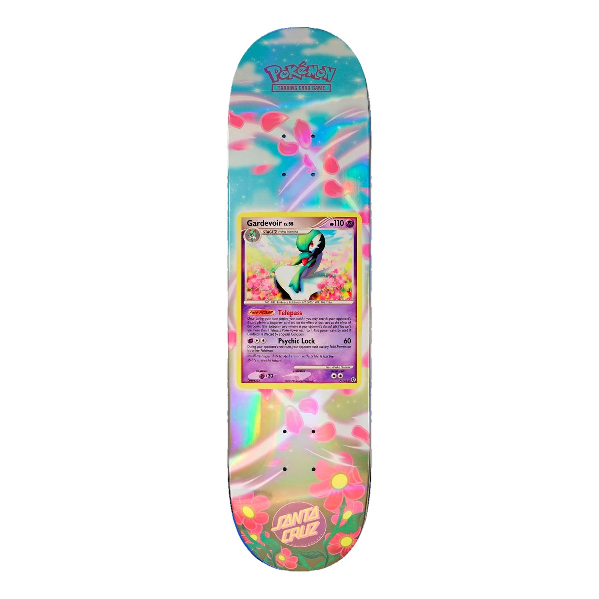 Tabla de skate Santa Cruz x Pokémon TCG 8.0" con la carta Gardevoir sobre fondo pastel holográfico con pétalos rosas cayendo y flores rosas y amarillas en la cola de la tabla