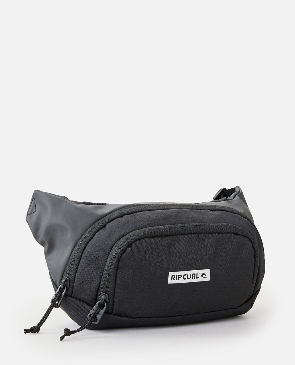 Riñonera Rip Curl Waist Bag Icons negra, vista frontal, con compartimento principal y bolsillo delantero con cremallera.