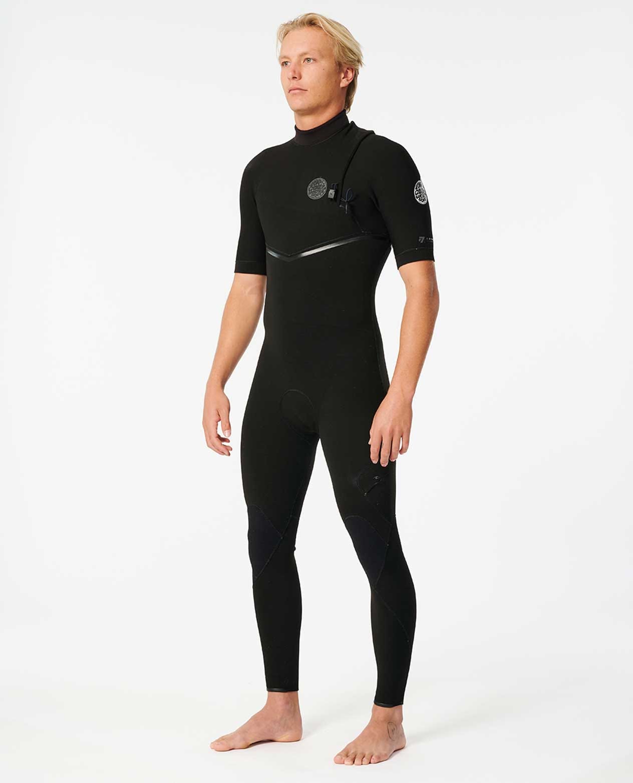 Traje de neopreno Rip Curl E-Bomb 2mm Zip Free negro – vista lateral destacando diseño sin cremallera y manga corta