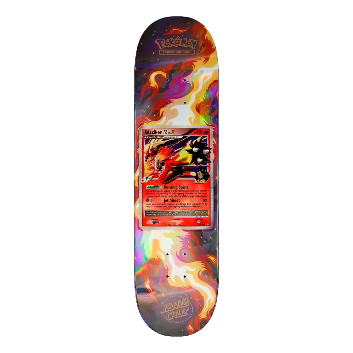Tabla de skate Santa Cruz x Pokémon TCG 8.0" con la carta Blaziken FB LV.X rodeada de llamas naranjas y amarillas sobre fondo oscuro con reflejos holográficos de arcoíris