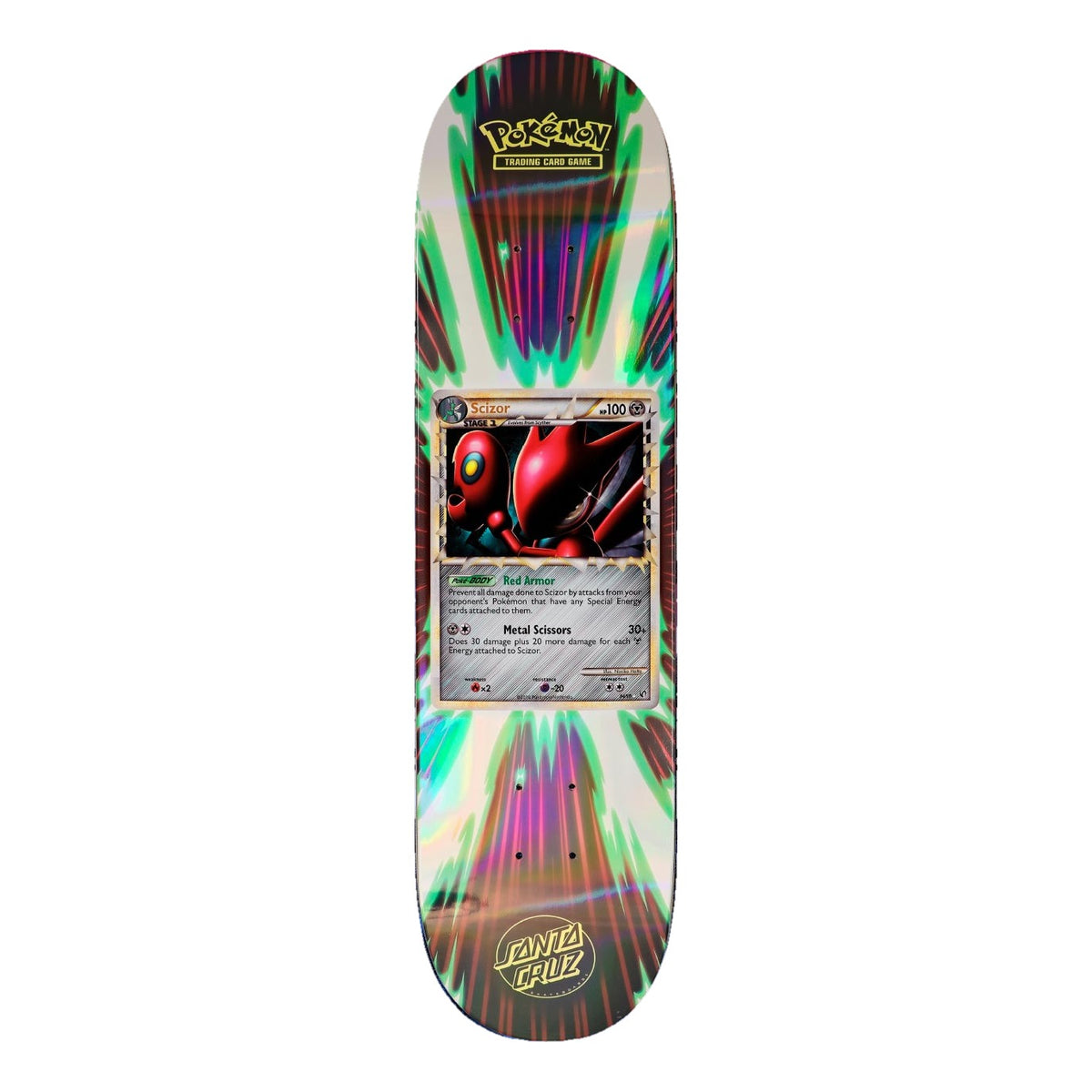 Tabla de skate Santa Cruz x Pokémon TCG 8.0" con la carta Scizor en el centro de un estallido radial blanco con rayos verdes y rojos, logo Pokémon TCG arriba y Santa Cruz dorado abajo