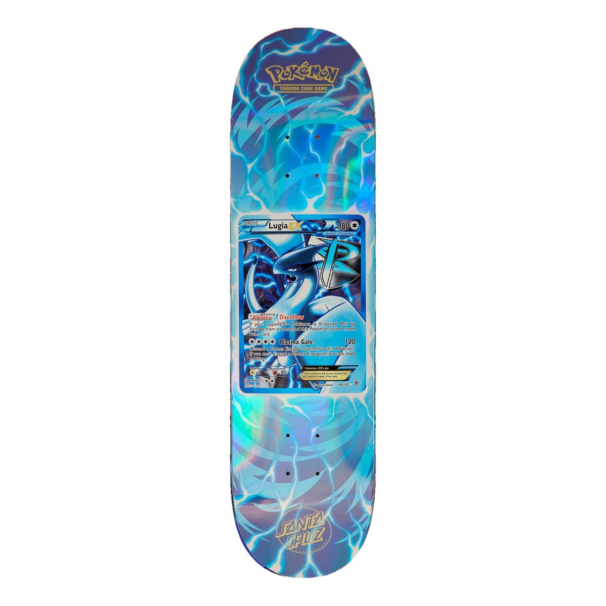 Tabla de skate Santa Cruz x Pokémon TCG 8.0" con la carta Lugia EX del Team Plasma rodeada de relámpagos y corrientes de energía en azul hielo y blanco sobre fondo azul intenso