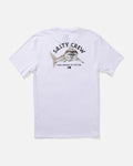Camiseta Salty Crew Lurking SS Tee blanca, vista trasera, con gráfico grande de tiburón y texto 