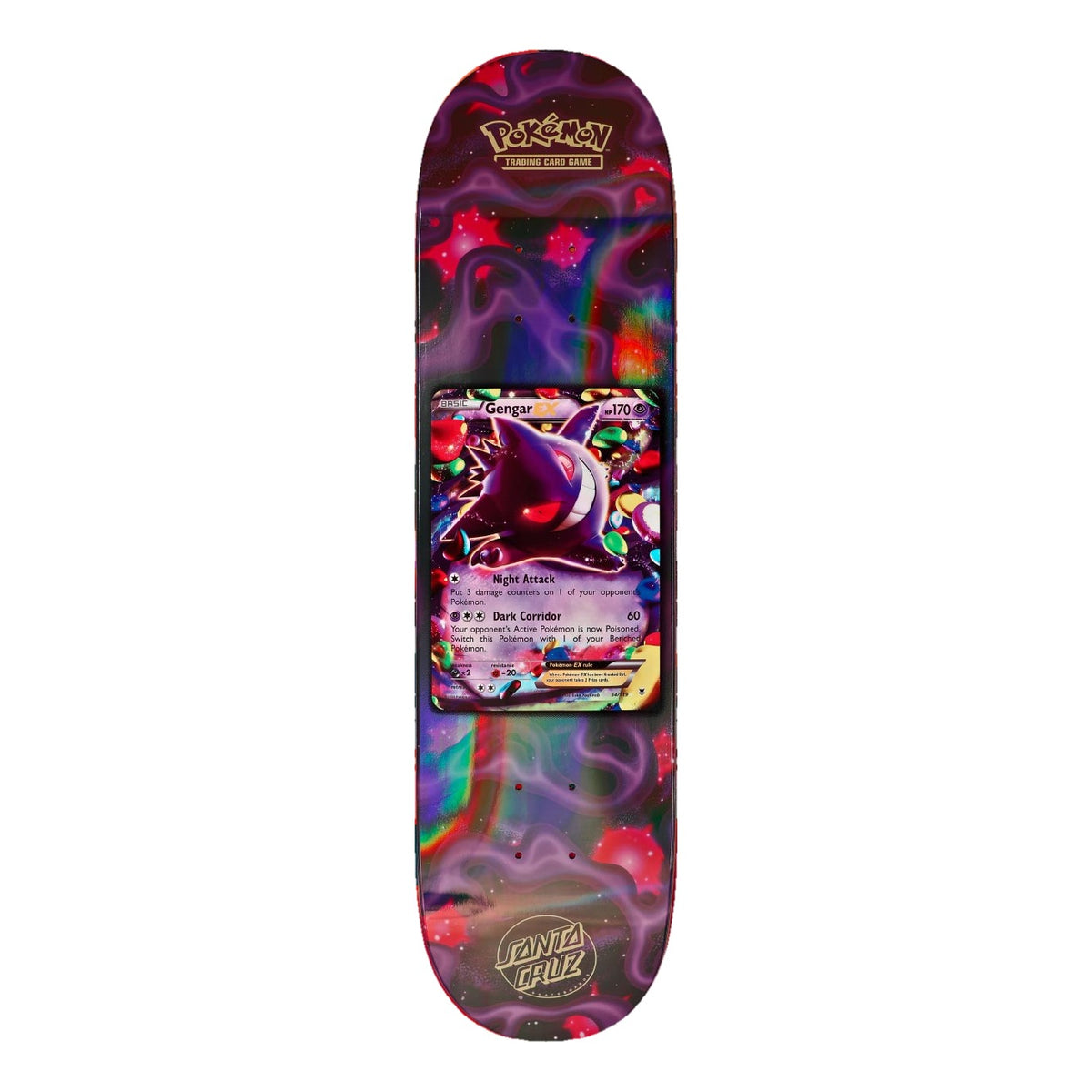 Tabla de skate Santa Cruz x Pokémon TCG 8.0" con la carta Gengar EX sobre fondo morado oscuro con humo violeta, estrellas rosas y reflejos holográficos, y logotipo Santa Cruz dorado