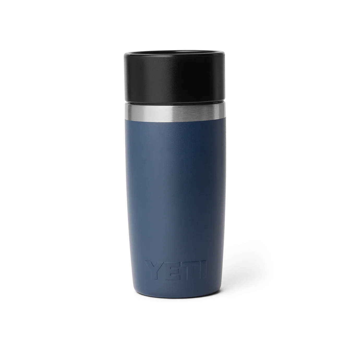 YETI Rambler 12 oz Travel Bottle color Navy azul marino vista trasera con logo grabado.