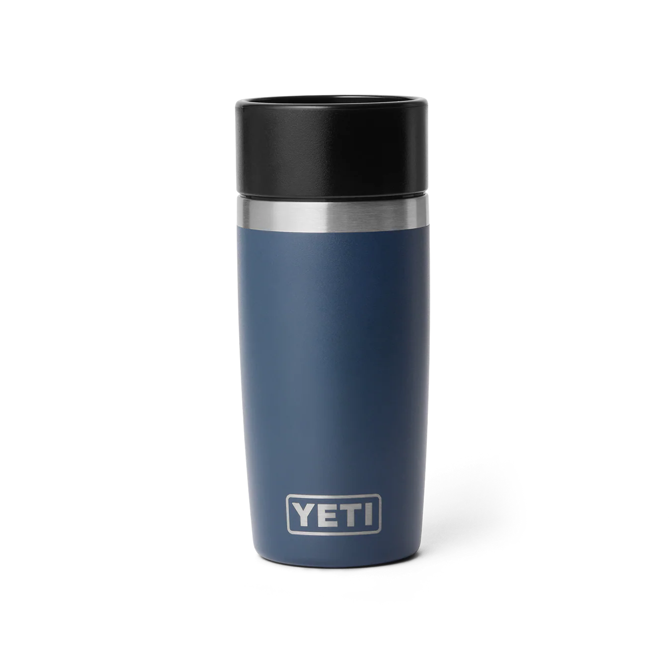 YETI Rambler 12 oz Travel Bottle color Navy azul marino vista frontal con tapa térmica aislada.