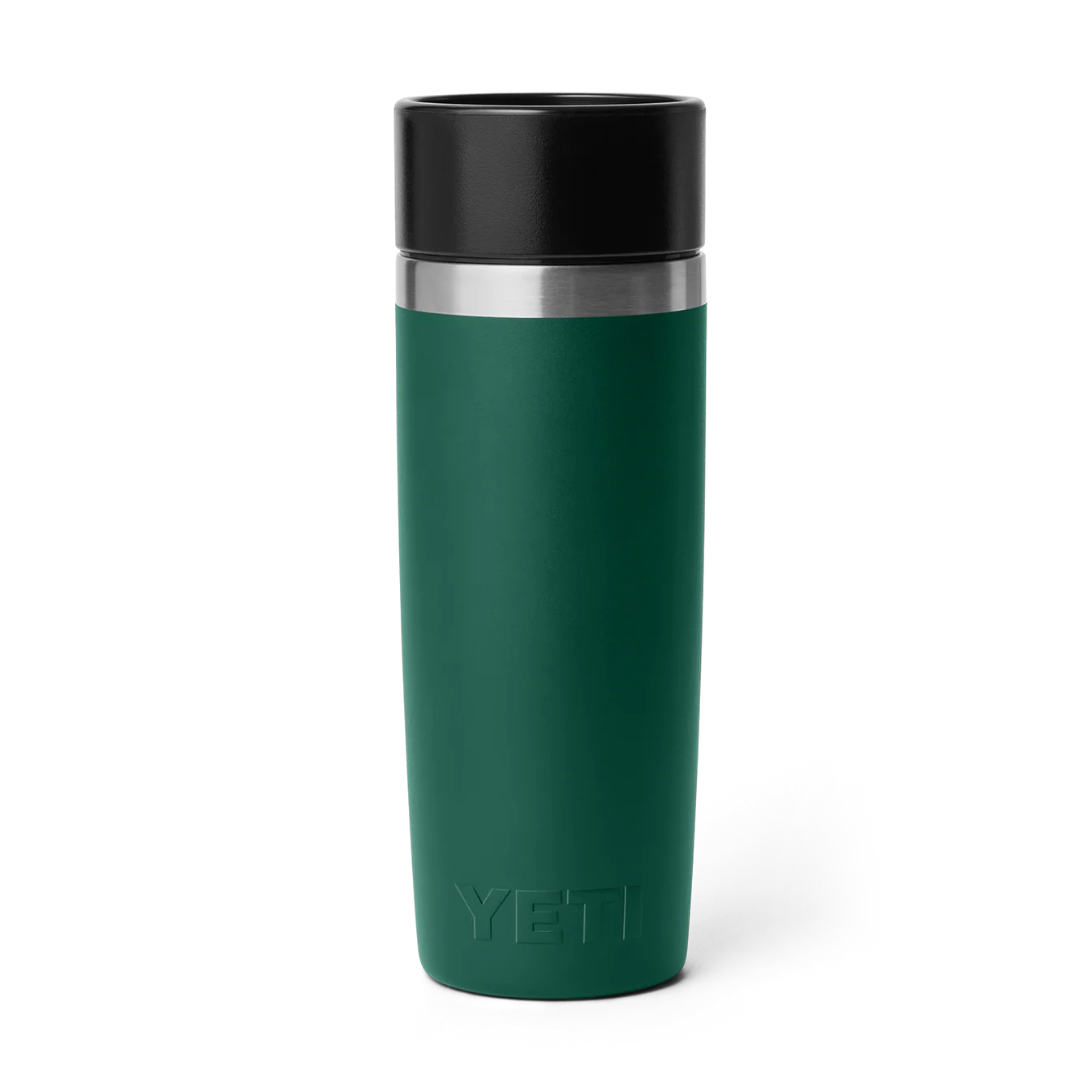 Vista trasera del YETI Rambler 16 oz Travel Bottle en color verde Black Forest con tapa hermética y diseño minimalista.