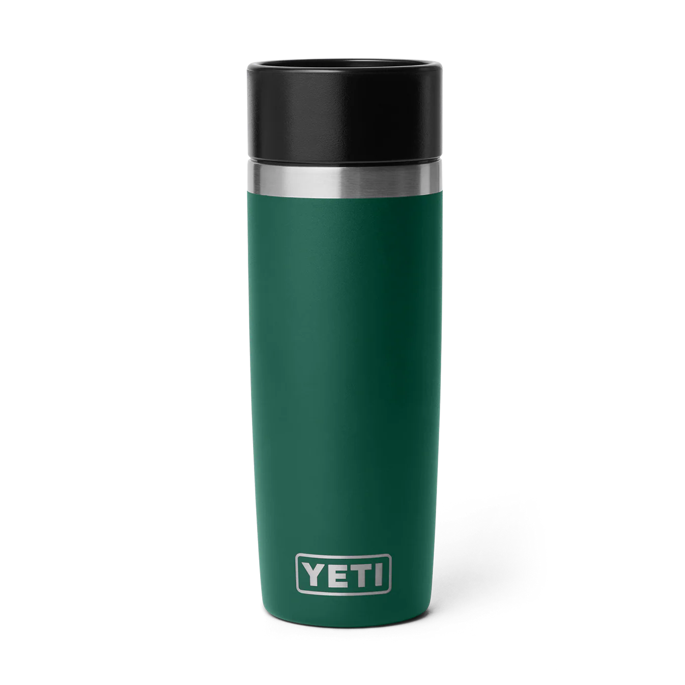 Vista frontal del YETI Rambler 16 oz Travel Bottle en color verde Black Forest con logotipo YETI grabado.