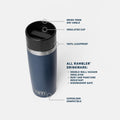 Detalle del YETI Rambler 16 oz Travel Bottle en azul navy mostrando tapa 360°, compatible con portavasos y 100 % hermética.