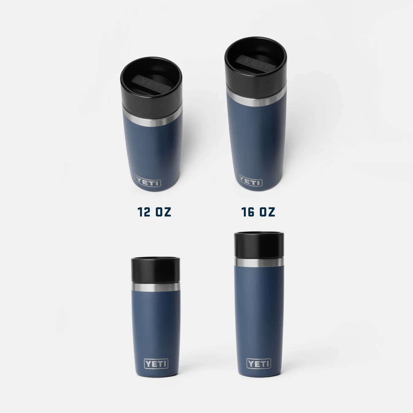 Tamaños comparativos del YETI Rambler 12 oz y 16 oz Travel Bottle en color azul navy, con tapa a prueba de fugas.