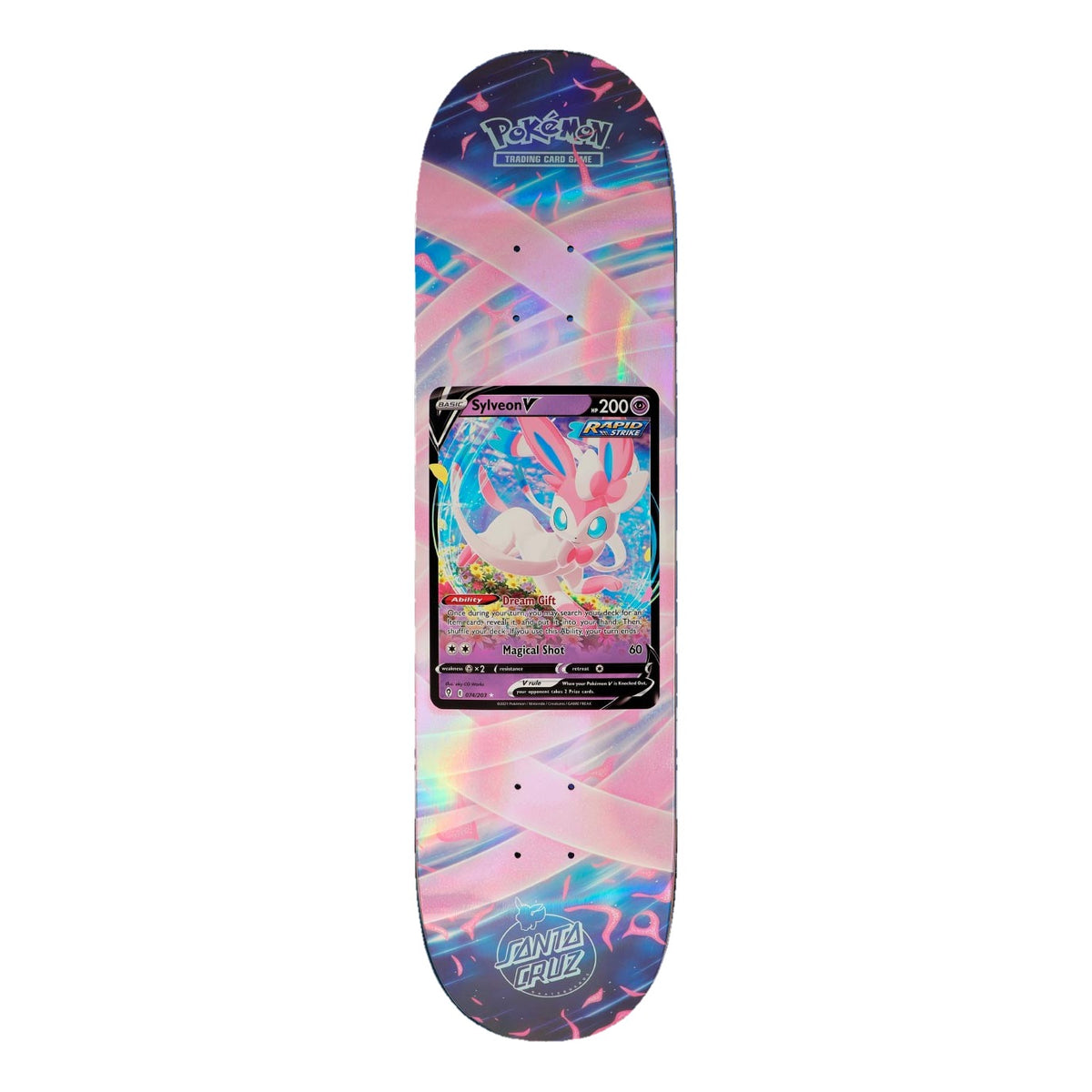 Tabla de skate Santa Cruz x Pokémon TCG 8.0" con la carta Sylveon V sobre fondo rosa pastel holográfico cruzado por lazos de luz rosas y lilas, y logotipo Santa Cruz en blanco