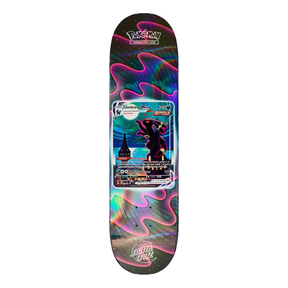 Tabla de skate Santa Cruz x Pokémon TCG 8.0" con la carta Umbreon VMAX sobre fondo negro con ondas de neón rosa y reflejos holográficos, y logotipos Pokémon y Santa Cruz plateados