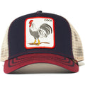 Gorra Trucker Goorin Bros The Cock azul marino con Parche con un gallo con el texto COCK bordado