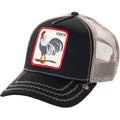 Gorra Trucker Goorin Bros The Cock Negra con Parche con un gallo con el texto COCK bordado