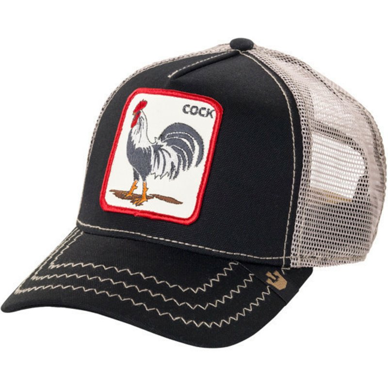 Gorra Trucker Goorin Bros The Cock Negra con Parche con un gallo con el texto COCK bordado