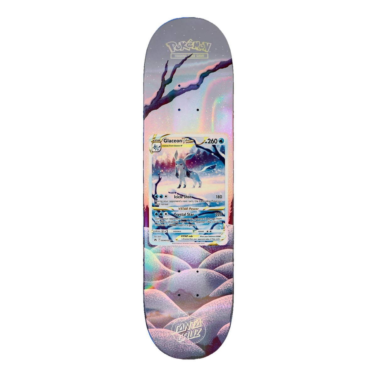 Tabla de skate Santa Cruz x Pokémon TCG 8.0" con la carta Glaceon VSTAR sobre un paisaje nevado en tonos lila y gris con ramas desnudas, colinas cubiertas de nieve y brillo holográfico