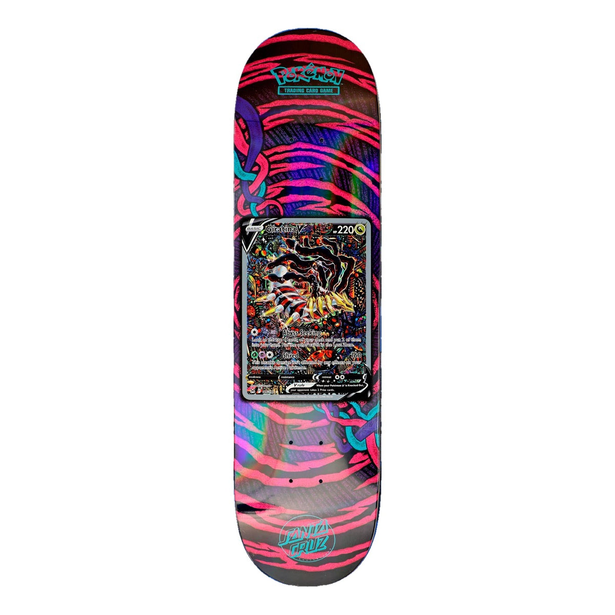 Tabla de skate Santa Cruz x Pokémon TCG 8.0" con la carta Giratina V sobre fondo negro con franjas rosas y cadenas turquesas que recorren la tabla, y logotipo Santa Cruz en azul