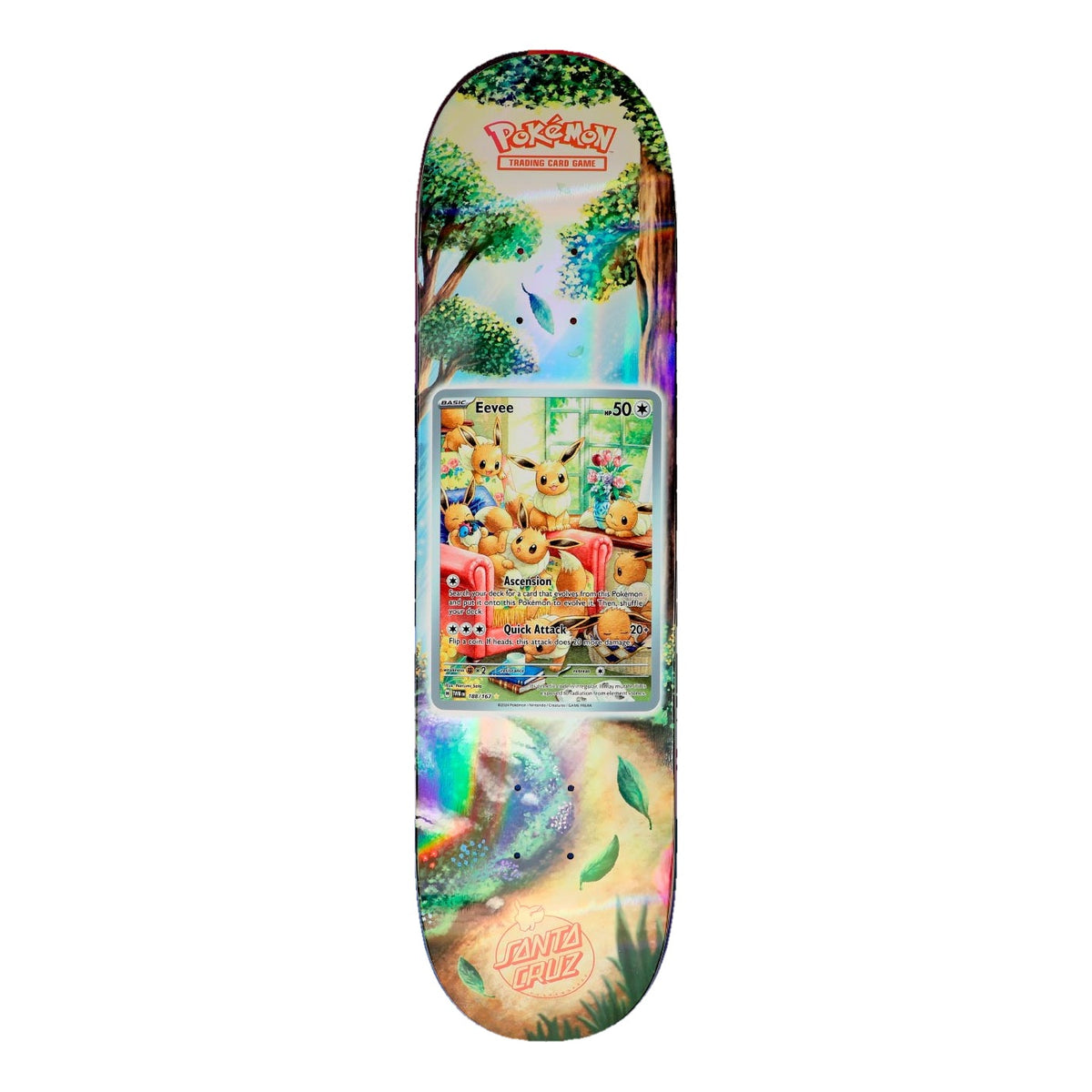 Tabla de skate Santa Cruz x Pokémon TCG 8.0" con la carta Eevee ilustrada sobre un bosque con árboles, hojas al viento y un camino de luz con arcoíris, y logo Pokémon TCG en rojo