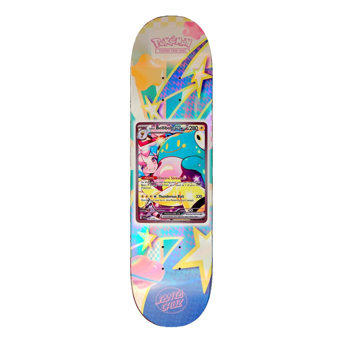 Tabla de skate Santa Cruz x Pokémon TCG 8.0" con la carta Iono's Bellibolt ex sobre fondo pastel rosa y azul con estrellas amarillas, cuadros y rayos, y el logotipo Santa Cruz rosa