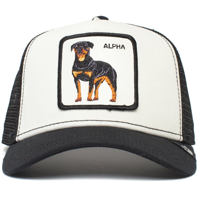 Gorra Trucker Goorin Bros Alpha Dog Blanca con Parche con un Rottweiler con el texto ALPHA bordado