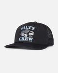 Gorra Salty Crew Good Times Foamie Trucker negra, vista frontal, con diseño de 5 paneles, corona de espuma y gráfico serigrafiado de temática náutica.