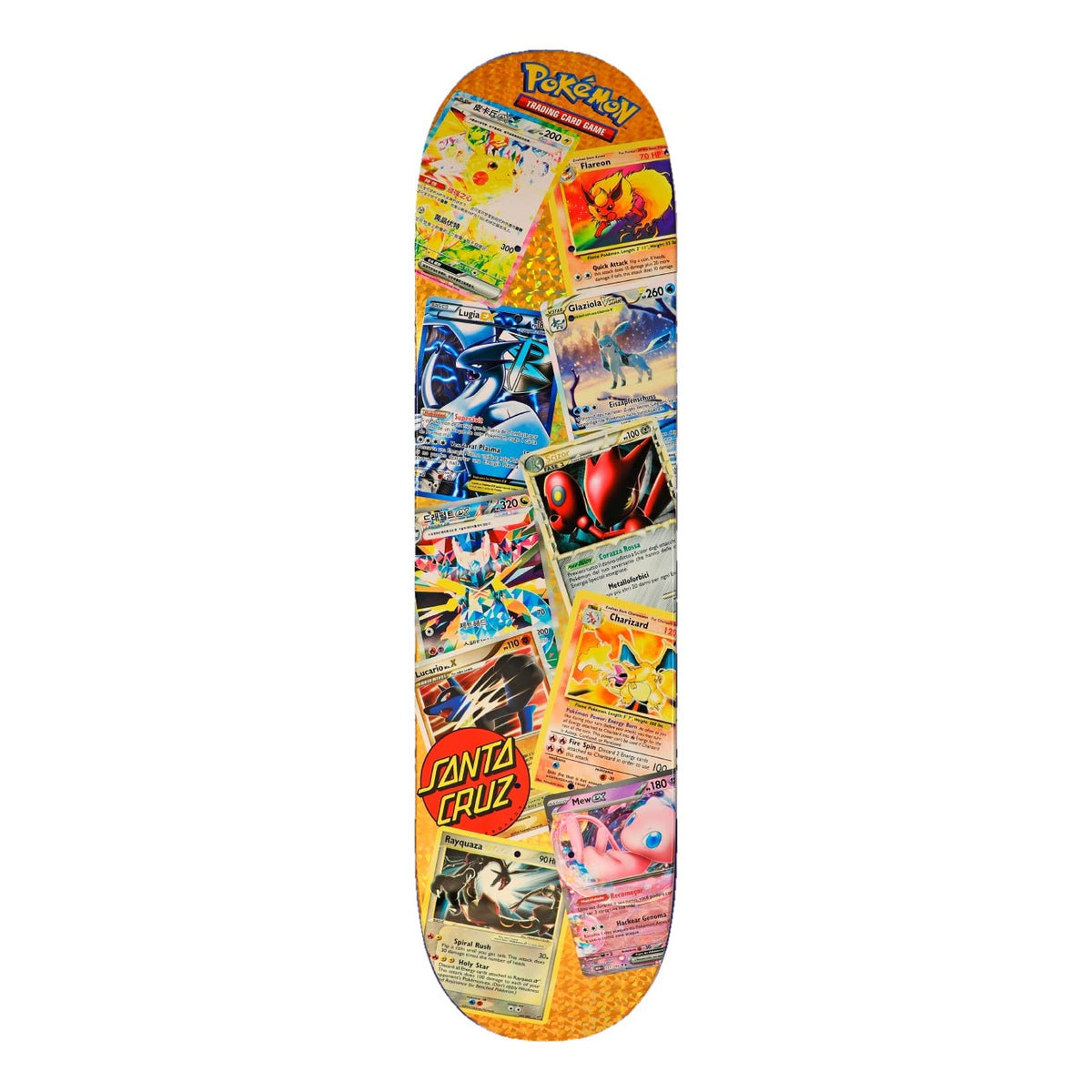 Tabla Gold Chase 3 Santa Cruz x Pokémon TCG de 8" con collage de cartas como Lugia, Charizard, Mew y Rayquaza sobre foil dorado con purpurina y logo Dot rojo