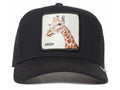 Gorra Trucker Goorin Bros High Jirafa Negra con Parche con una jirafa con el texto HIGH bordado