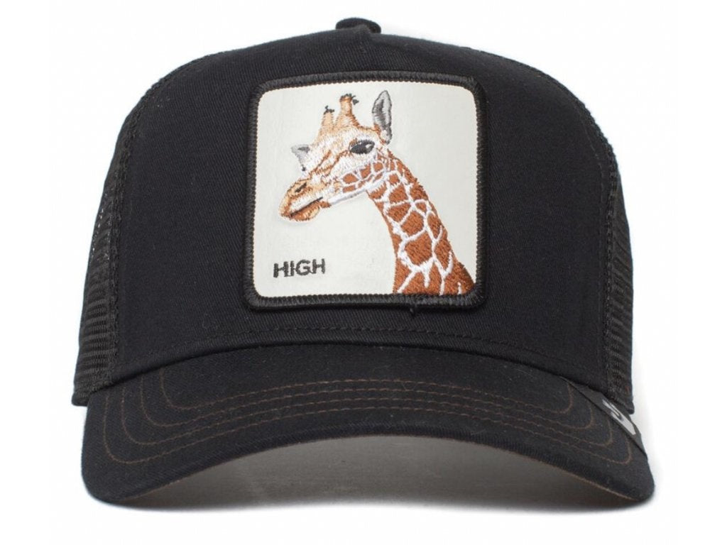 Gorra Trucker Goorin Bros High Jirafa Negra con Parche con una jirafa con el texto HIGH bordado