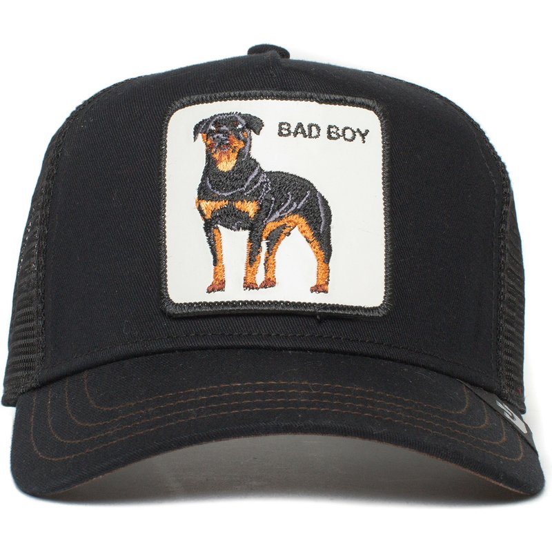 Gorra Trucker Goorin Bros Baddest Boy Negra con Parche con un rottweiler con el texto BAD BOY bordado