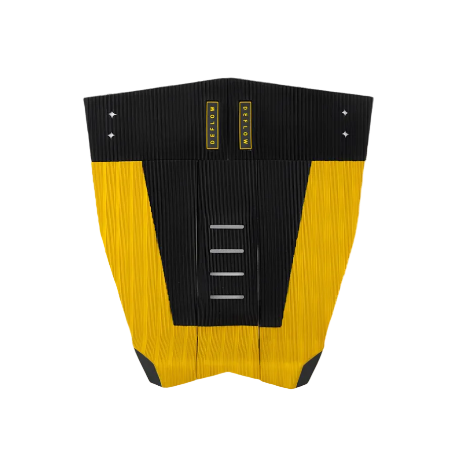 Grip de surf de cinco piezas Deflow 5 Piece Traction en color mustard amarillo mostaza cálido, vista frontal con arco central de 5 mm y patrón de líneas en zonas críticas sobre fondo blanco.