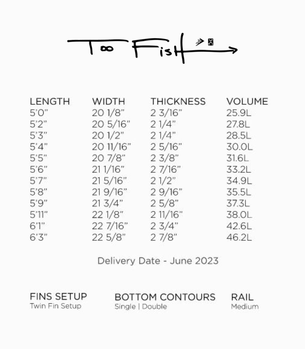 Tabla de medidas de la Tabla de Surf Firewire Too Fish - Machado Surfboards