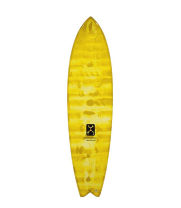 Tabla de Surf Seaside & Beyond Edición Limitada Yellow Swirl diseñada por Rob Machado y fabricada en Thunderbolt Red posterior