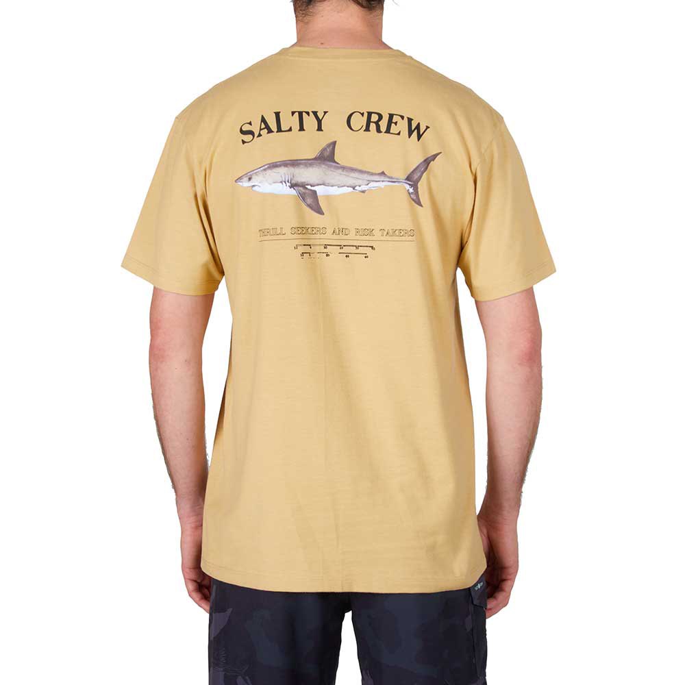 Hombre con la Camiseta de manga corta para hombre Salty Crew Bruce Premium Camel con un tiburón estampado en la espalda