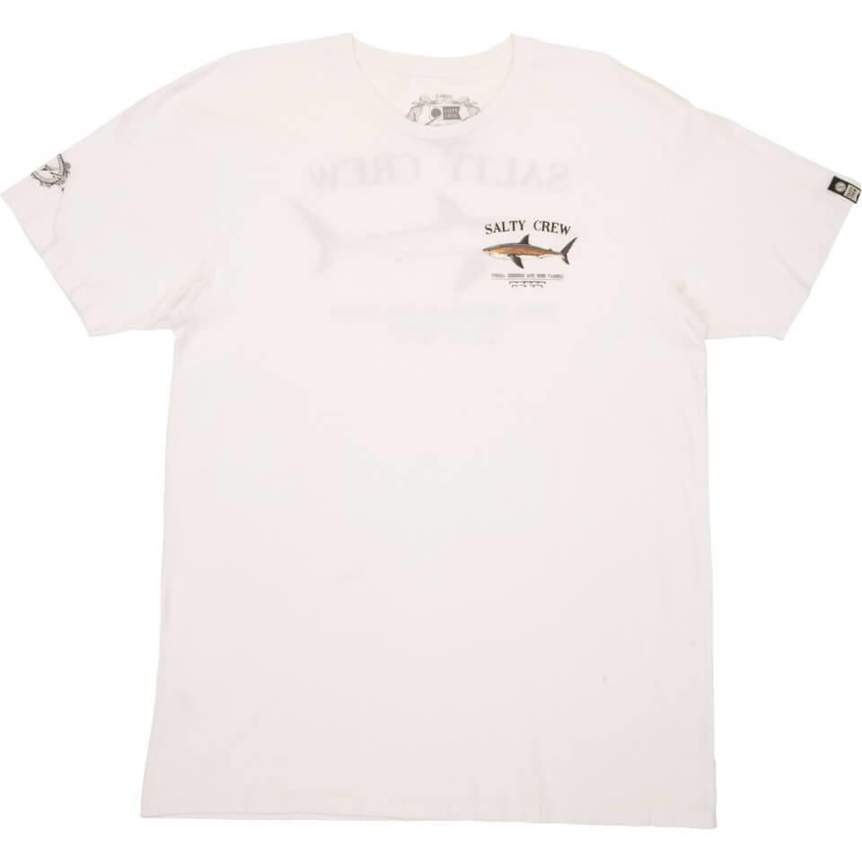 Camiseta de manga corta para hombre Salty Crew Bruce Premium White con un tiburón estampado en la espalda