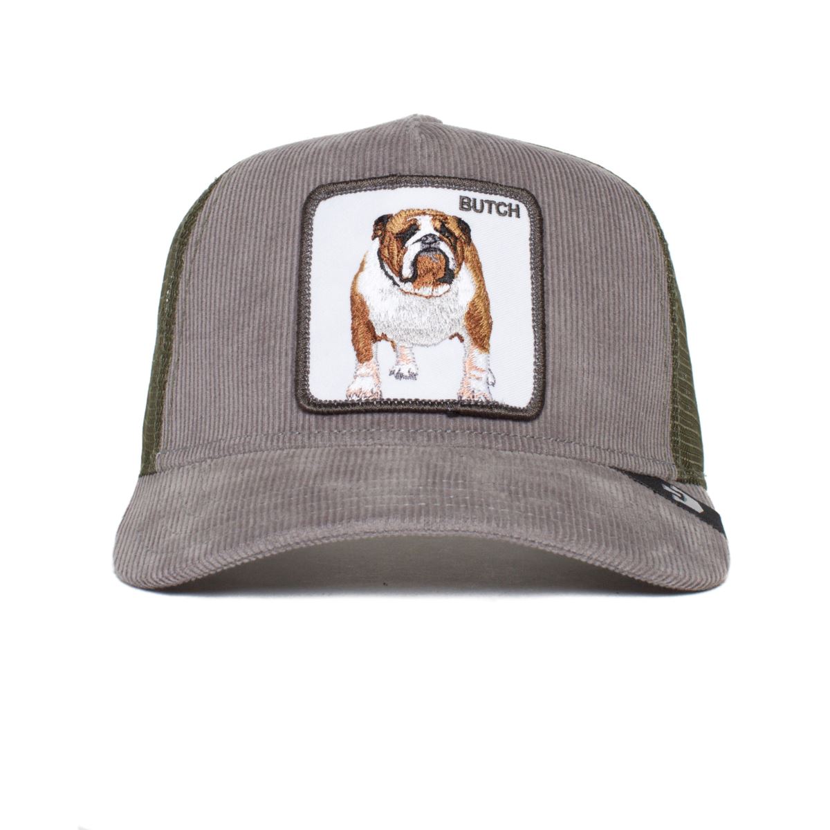 Gorra de pana Trucker Goorin Bros Wulbull Corduroy gris con un parche blanco con un bulldog y el texto BUTCH bordado