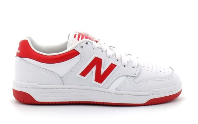 Zapatillas New Balance 480 en Blanco con el logo NB en Rojo y la puntera Gris